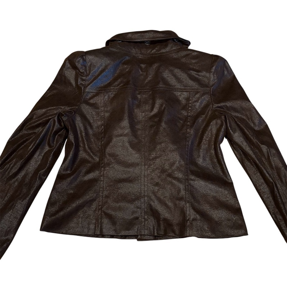 INC Women's Faux Leather Jacket L Ruffled Front Brown Short Coat Size Large - Picture 3 of 8